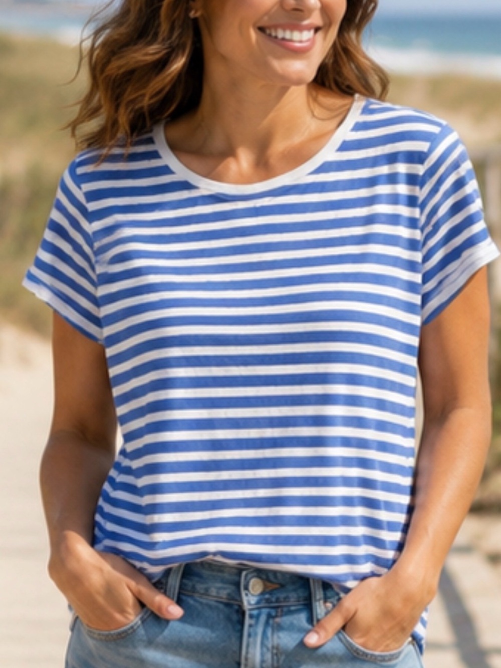 Pact Striped Blue & White Classic Crew Neck Tee 100% Organic Cotton Size Large